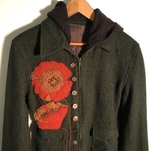Vintage Wool Hooded Jacket Women’s-Handmade Upcycled, Flower Front